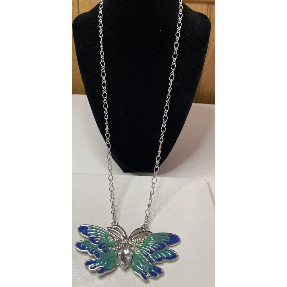 Guess Necklace Butterfly Silver Tone Turquoise Blue Enamel Rhinestone